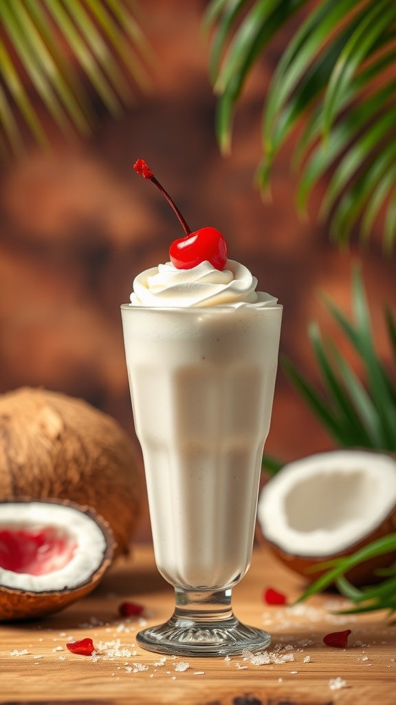 A refreshing glass of coconut cream soda topped with whipped cream and a cherry