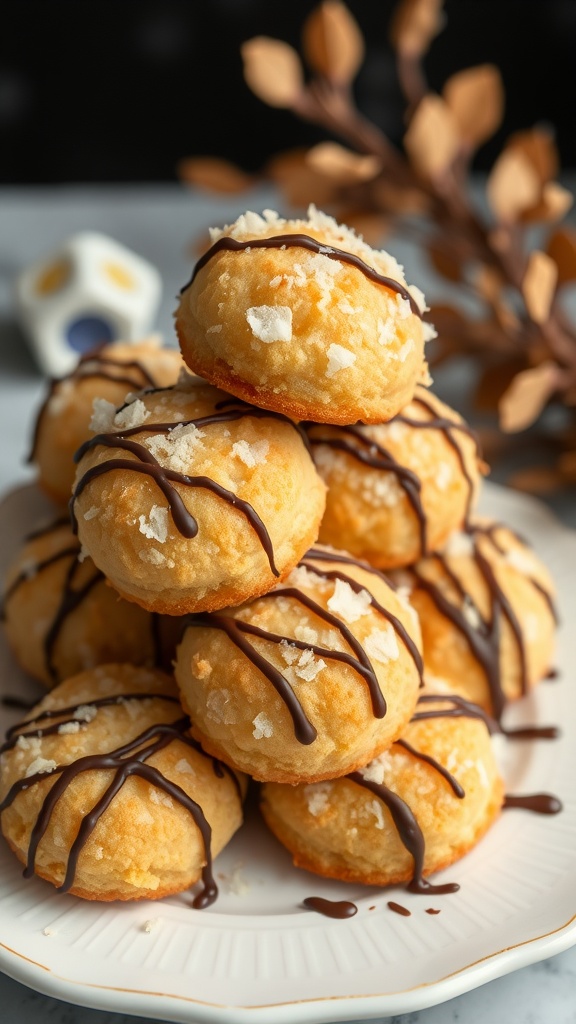 A plate of coconut macaroons dusted with powdered sugar.
