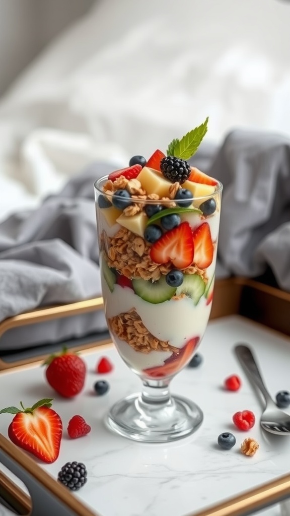 A beautifully layered fruit parfait in a clear glass, featuring strawberries, blueberries, blackberries, and granola, presented on a breakfast tray.