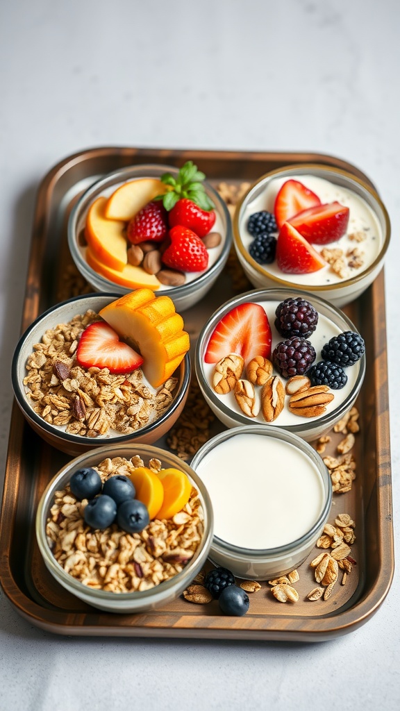 A wooden tray filled with colorful granola and yogurt bowls, topped with fresh fruits and nuts.