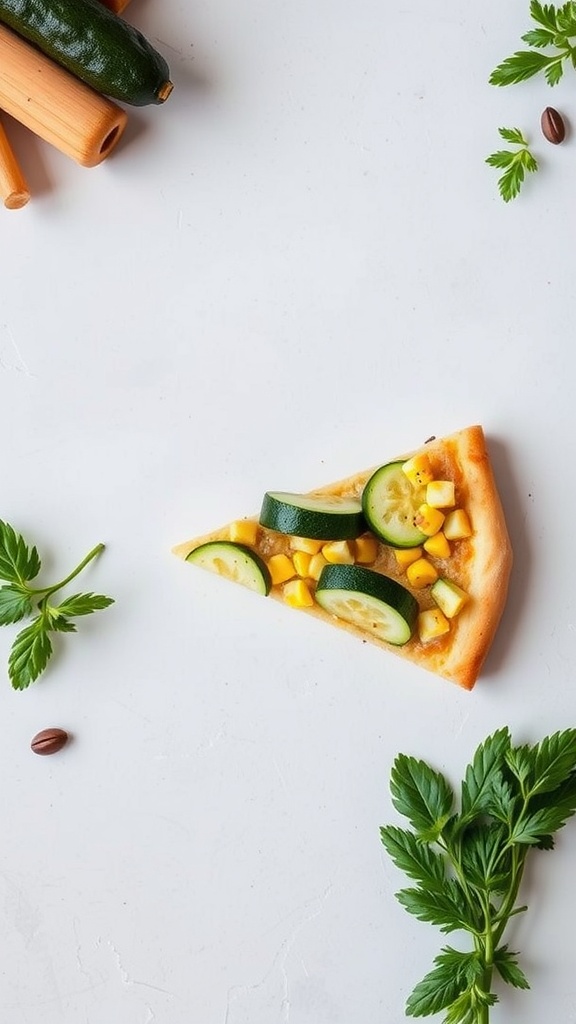 A slice of corn and zucchini pizza topped with fresh ingredients.
