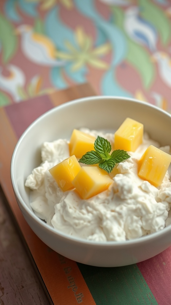 A bowl of cottage cheese topped with pineapple chunks and a mint leaf.