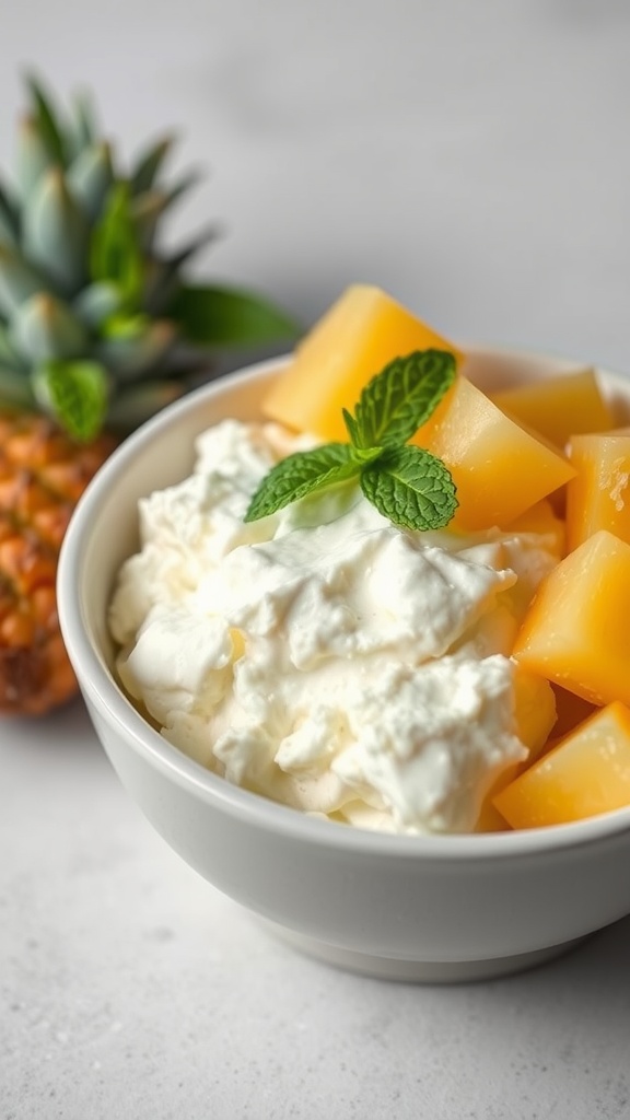 A bowl of cottage cheese topped with pineapple chunks and a sprig of mint.
