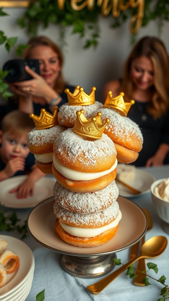 A stack of cream-filled donuts with gold crown decorations, perfect for a toga party.