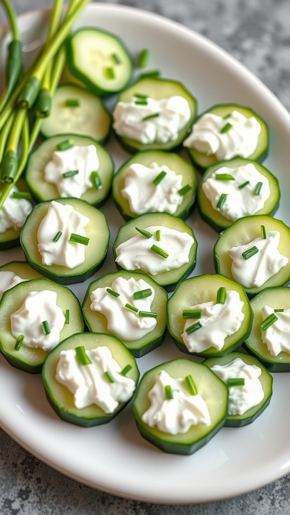 Sliced cucumbers topped with cream cheese and chives