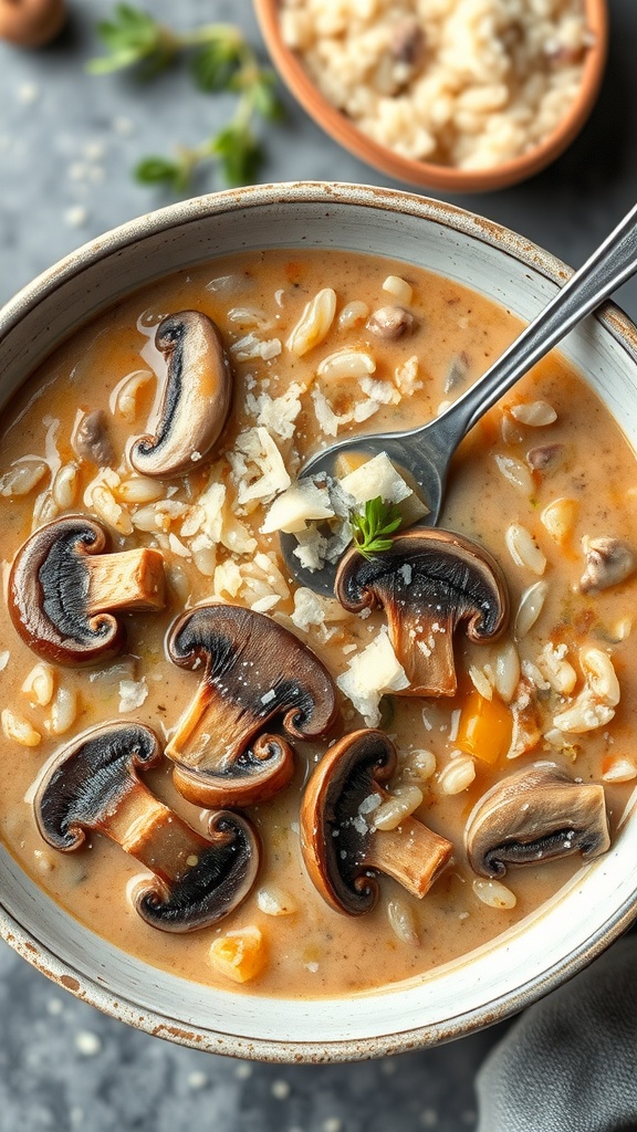 Creamy Mushroom Risotto Soup served in a bowl with mushrooms on top.