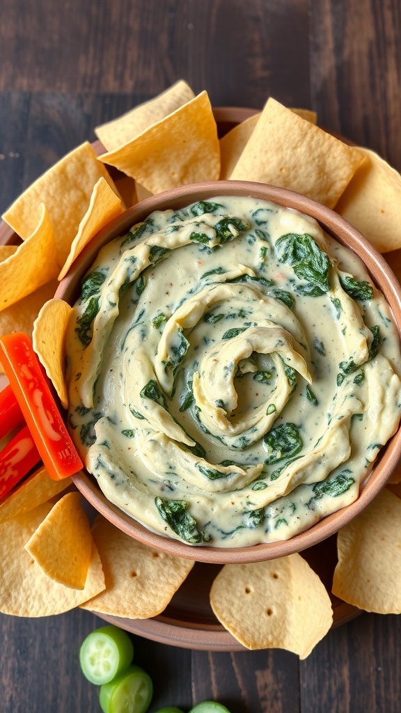 Creamy spinach and artichoke dip served with chips