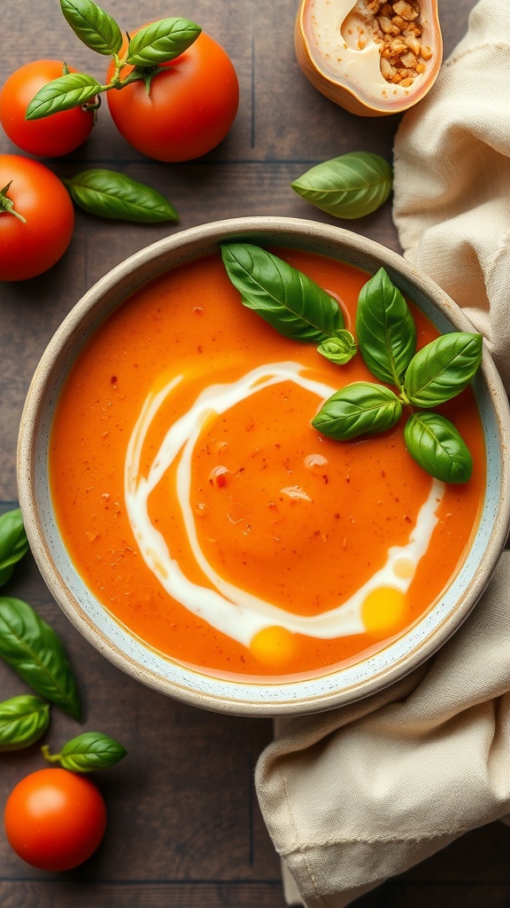A bowl of creamy tomato basil soup garnished with basil leaves, accompanied by fresh tomatoes.