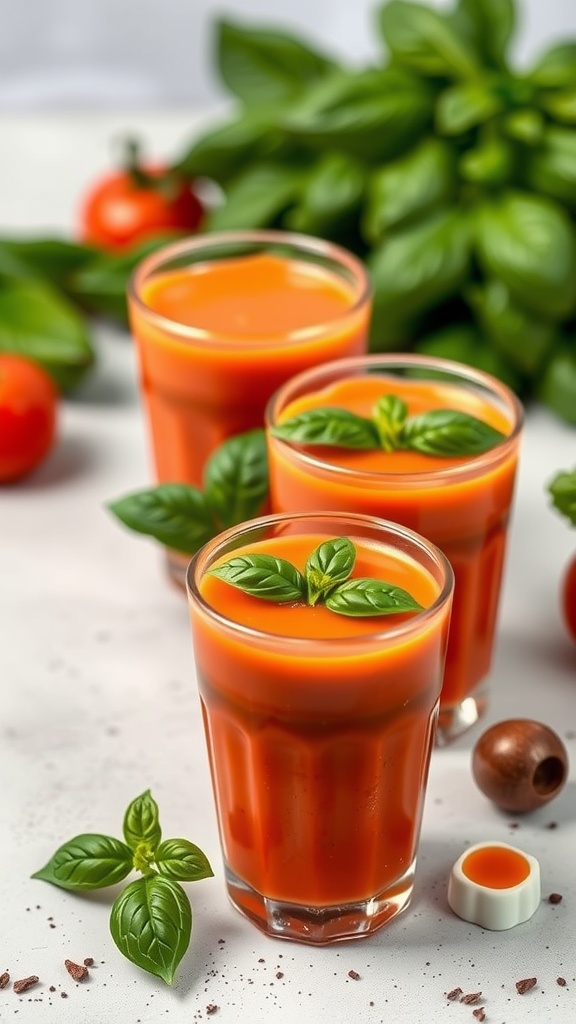 Creamy tomato basil soup shooters served in glasses with fresh basil leaves on top.