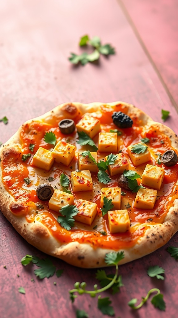 Crispy Paneer Pizza topped with cilantro and olives