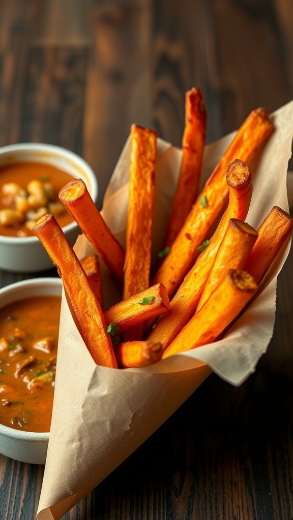 A serving of crispy sweet potato fries in a paper cone with a bowl of soup on the side.
