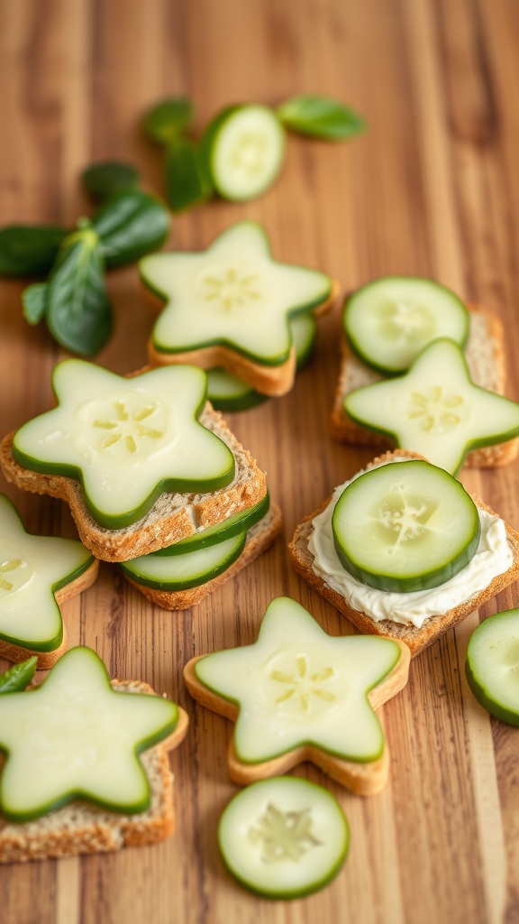 Cucumber sandwiches made with whole-grain bread and fresh cucumber slices, cut into star shapes