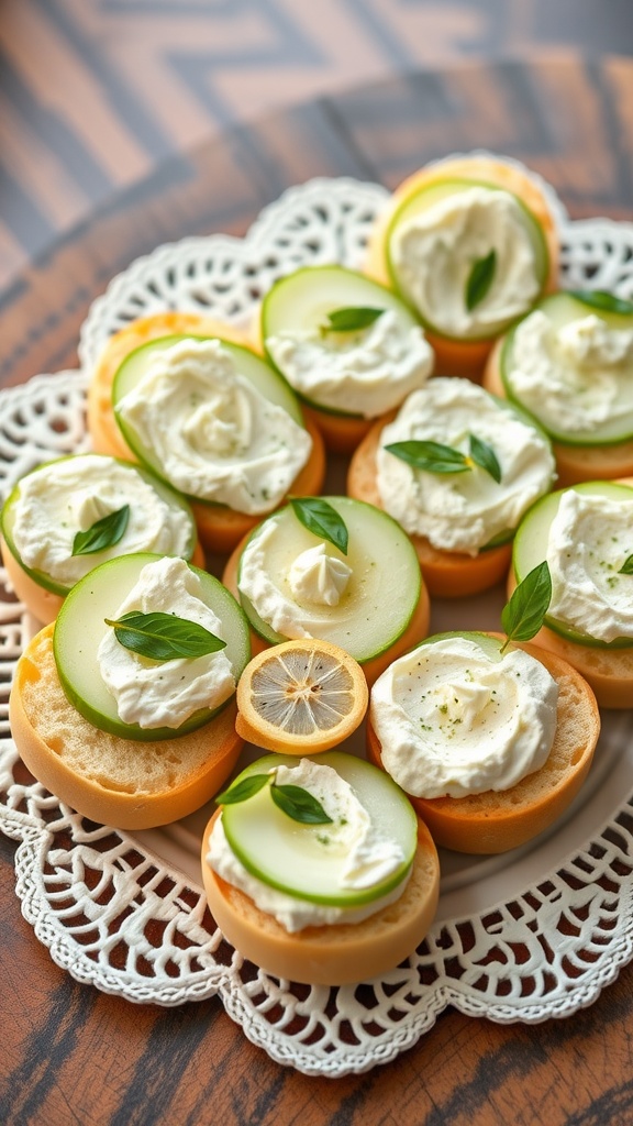 A plate of cucumber sandwiches with cream cheese, arranged neatly, garnished with pepper.