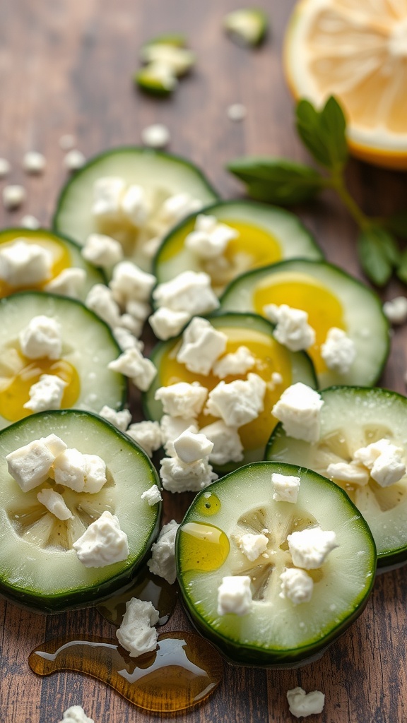 Plate of cucumber slices topped with feta cheese and olive oil.