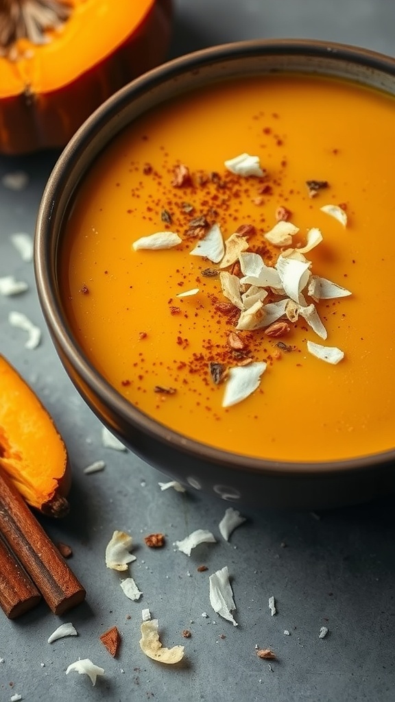 A bowl of curried coconut pumpkin soup garnished with toasted coconut flakes.