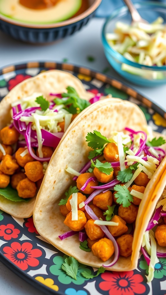 Delicious curry chickpea tacos with vibrant cabbage slaw and fresh cilantro.