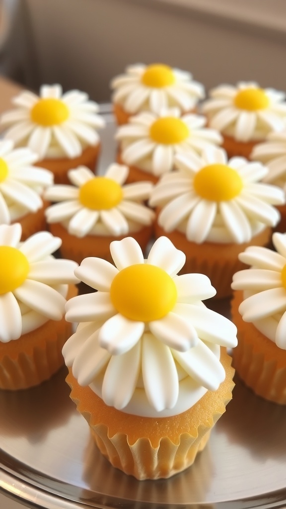 Daisy cupcakes decorated with white and yellow flowers for a bridal shower theme