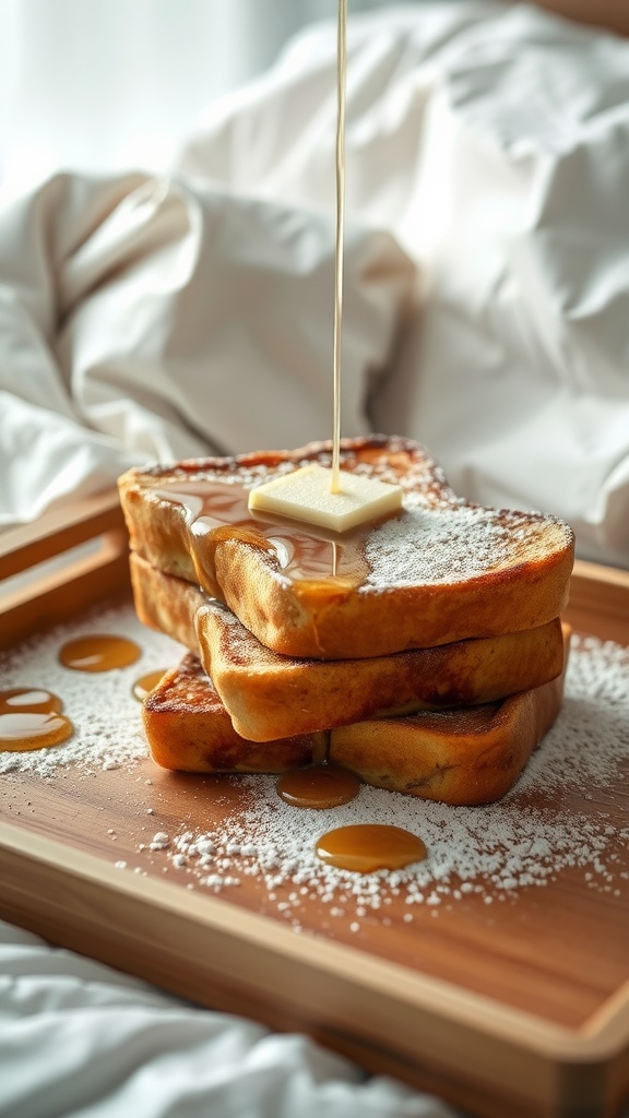 Stack of French toast with butter and syrup on a wooden tray