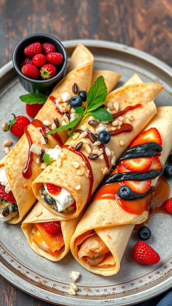 A plate of crepes filled with fruits and sauces, garnished with fresh berries.