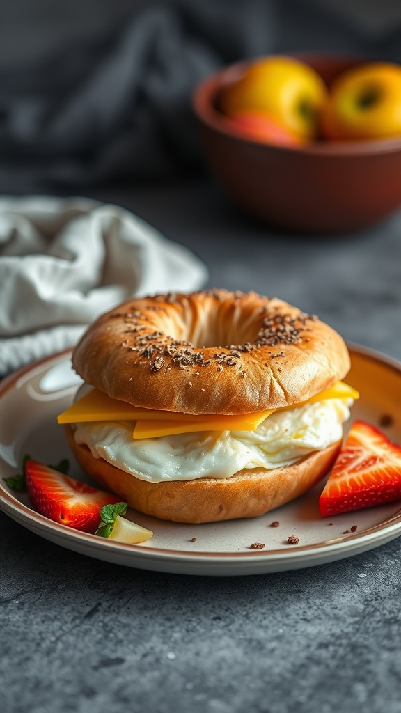 A delicious egg and cheese breakfast sandwich on a toasted bagel served with fresh strawberries.