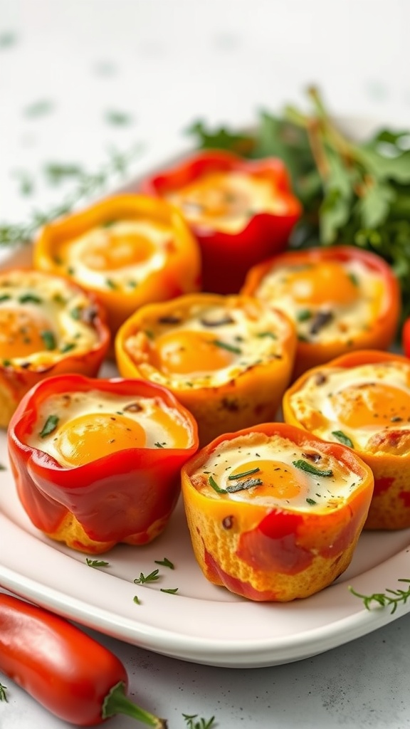 Colorful egg muffins baked in bell pepper cups, garnished with herbs.
