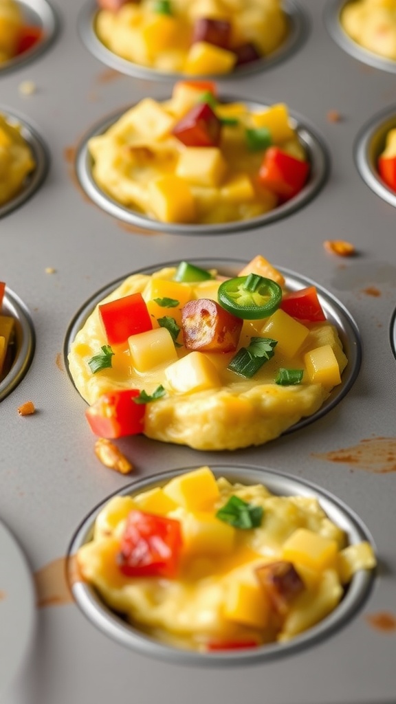 Baked egg muffins with colorful vegetables and cheese in a muffin tray.
