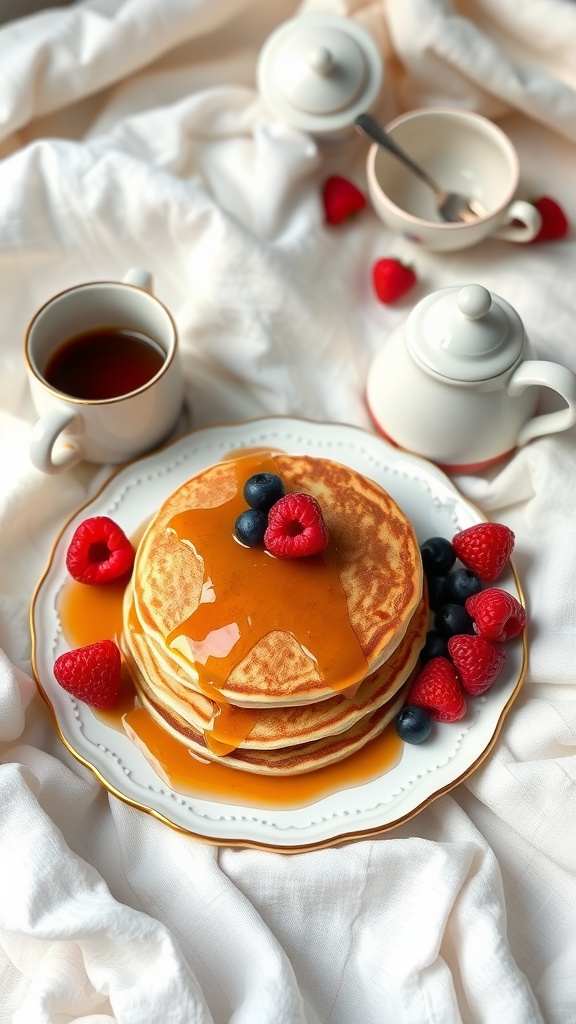 A beautiful breakfast in bed tray featuring pancakes with syrup, fresh berries, and elegant porcelain serving set.