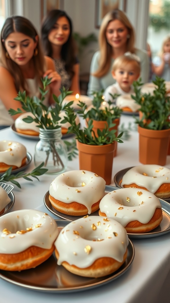 Delicious Elysian cream cheese glaze donuts with gold sprinkles, perfect for a toga party.