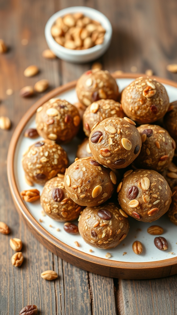 Energy bites with dates and nuts on a wooden surface