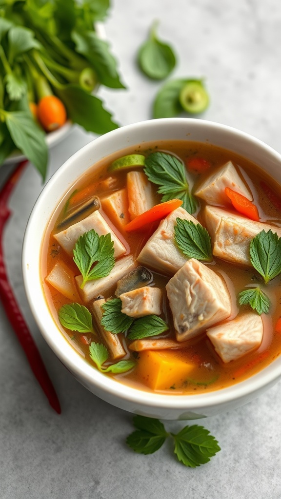 A bowl of Filipino Sinigang soup featuring pork, vegetables, and fresh herbs.