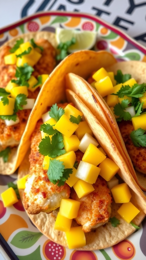 Delicious fish tacos topped with mango salsa and cilantro