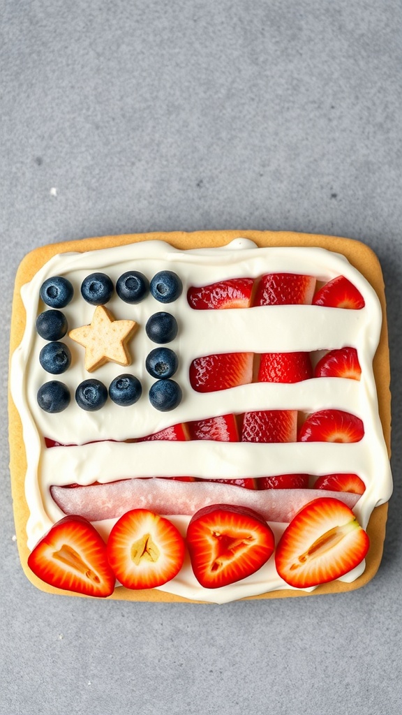 A colorful flag fruit pizza decorated with strawberries and blueberries.