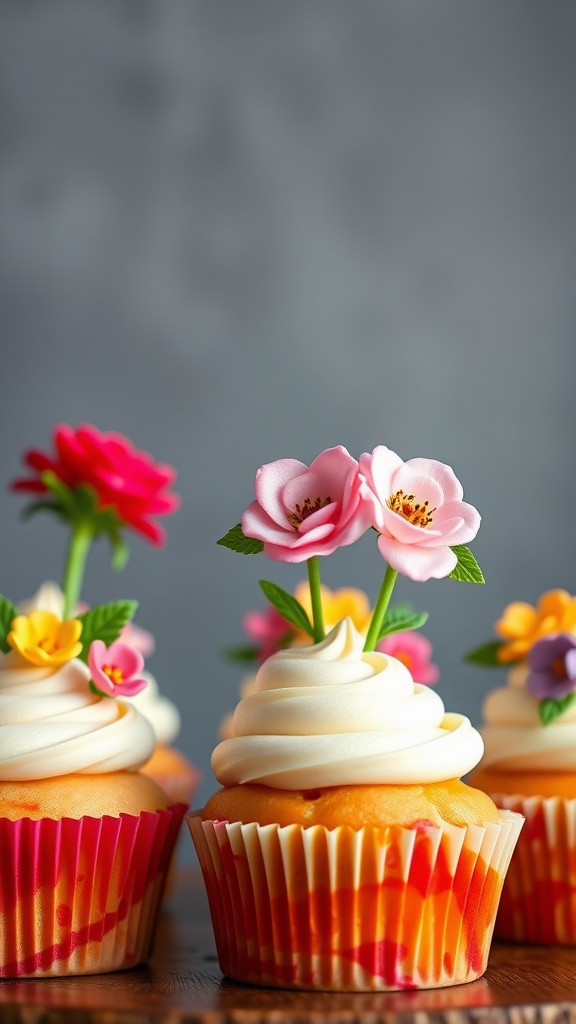 Floral Crown Cupcakes decorated with colorful edible flowers and swirls of frosting.