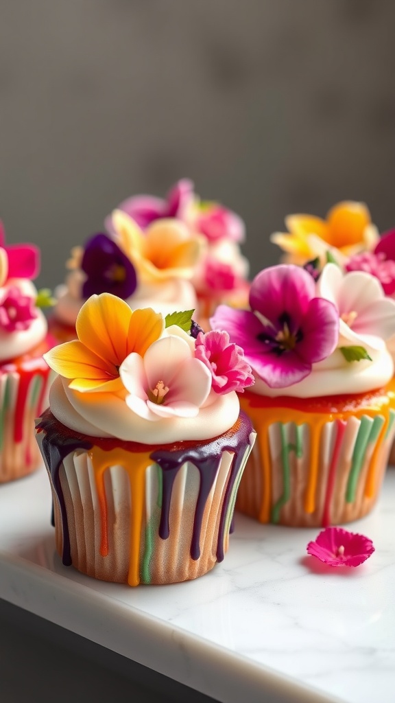Decorative cupcakes with floral designs and colorful drips.