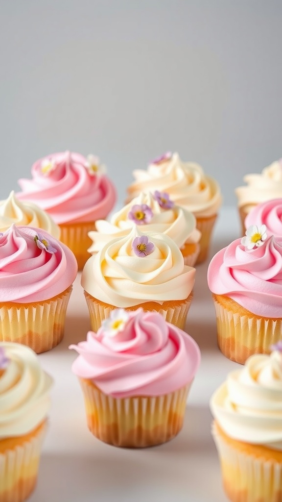 Floral ombre cupcakes with pink, white, and yellow frosting topped with edible flowers