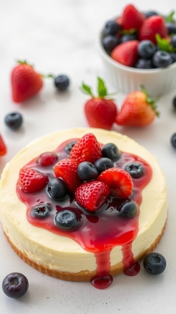A festive cheesecake topped with strawberries and blueberries, ideal for Memorial Day celebrations.