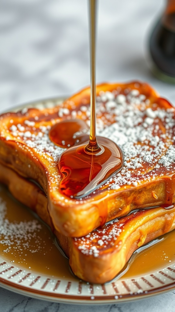 Delicious French toast with maple syrup drizzled on top.