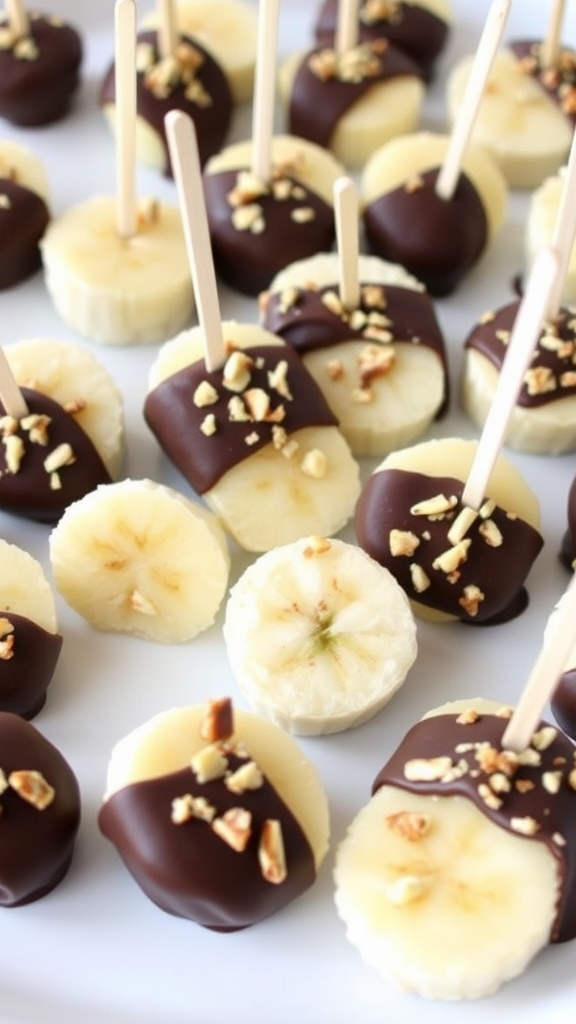 Frozen banana bites dipped in chocolate with toppings