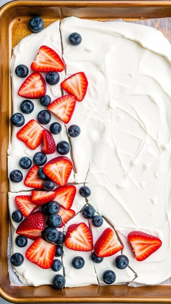 Frozen yogurt bark with strawberries and blueberries