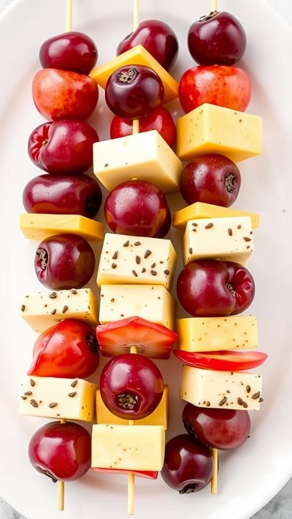 Colorful fruit and cheese kabobs on skewers