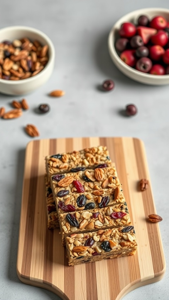 Homemade fruit and nut granola bars stacked on a cutting board