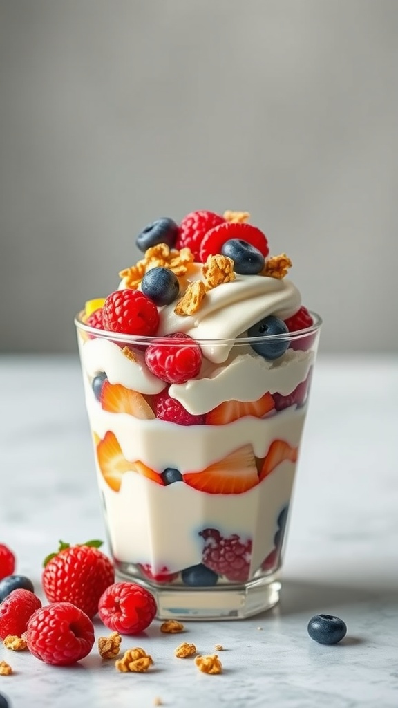 Three fruit and yogurt parfaits with strawberries, blueberries, and granola in clear glasses.