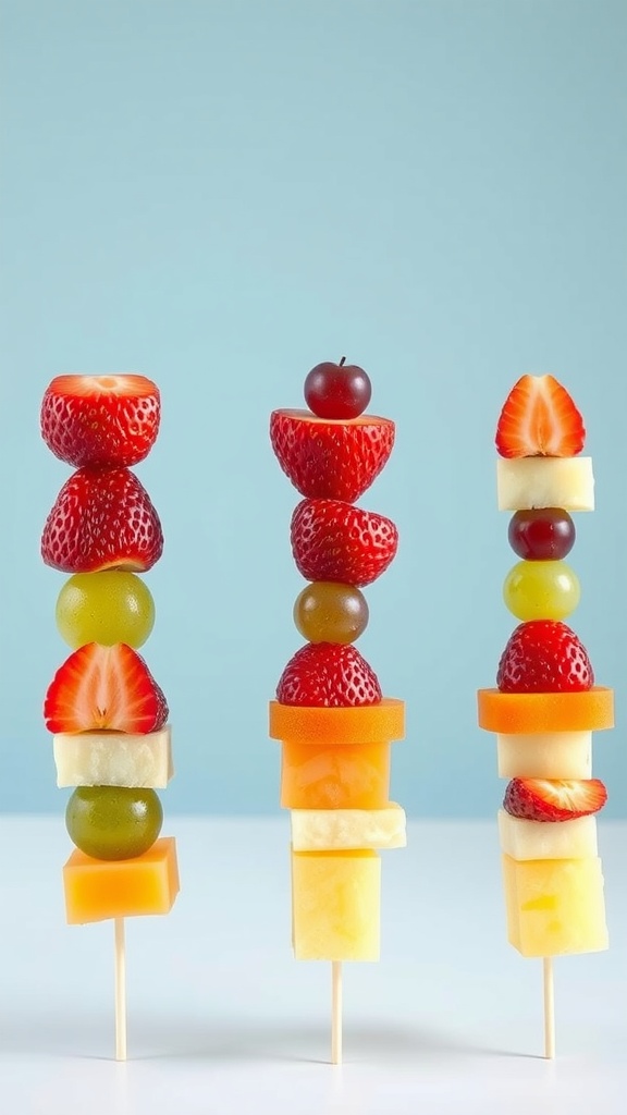 Colorful fruit skewers with strawberries, grapes, and melon
