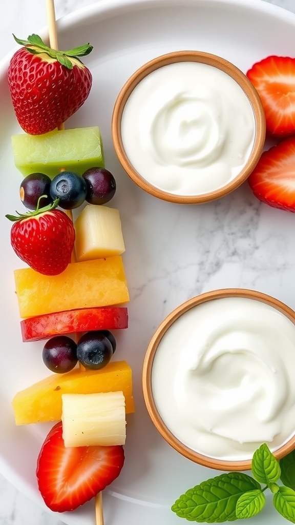 Colorful fruit skewers with strawberries, pineapple, mango, blueberries, and green grapes served with a yogurt dip.