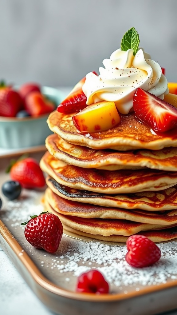 A stack of fluffy pancakes topped with whipped cream and fresh fruits, served on a tray.