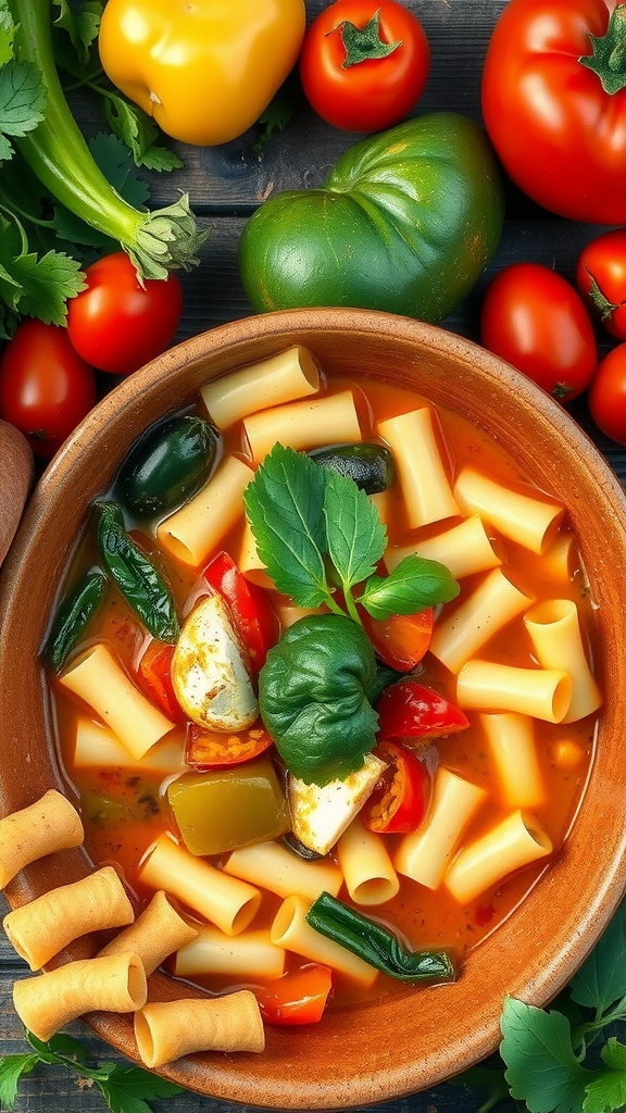 A bowl of Garden Vegetable Minestrone soup with pasta and fresh vegetables.