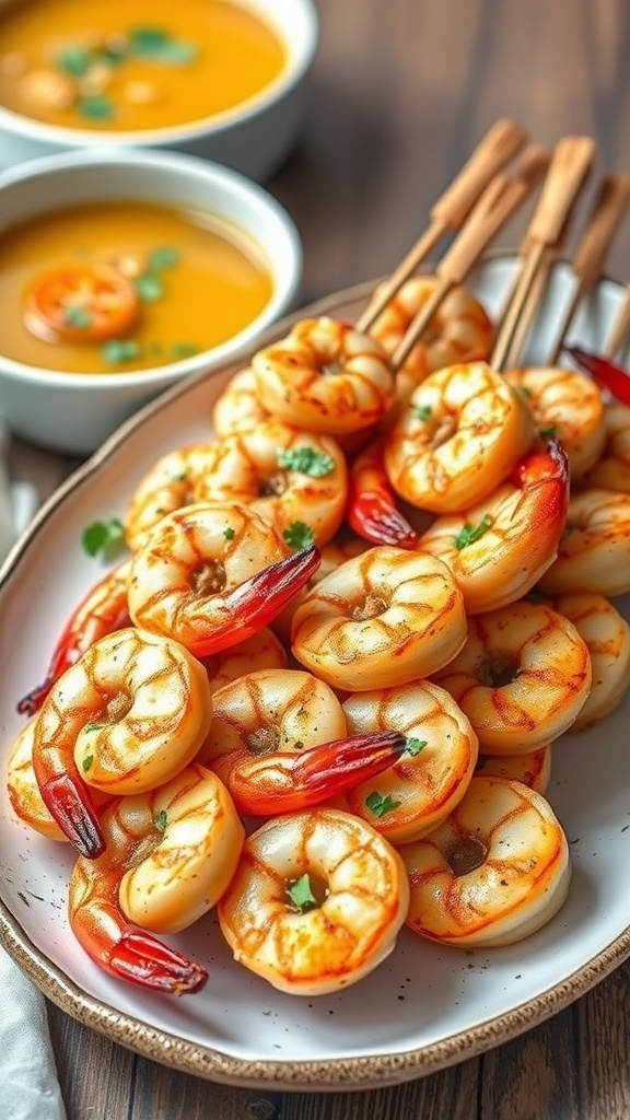 Garlic Butter Roasted Shrimp Skewers ready to be served