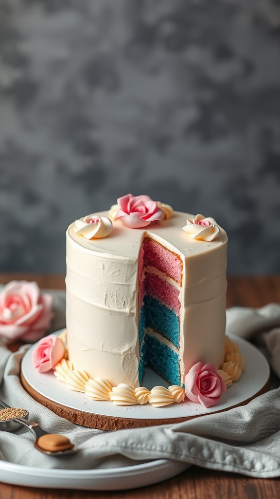 A gender reveal cake with layers of pink and blue filling, decorated with roses.