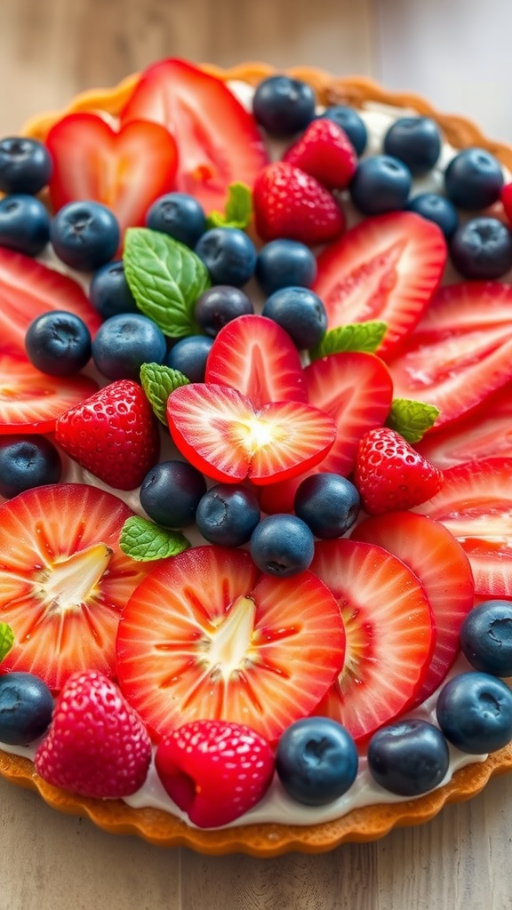 A colorful fruit tart topped with strawberries, blueberries, and mandarin oranges