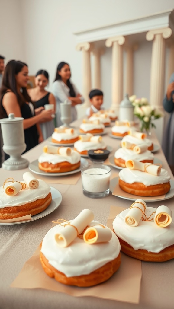 Golden Scroll Donuts decorated with scrolls of fondant on a festive table.